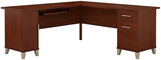 BOWERY HILL 71 L-Shaped Desk Hansen Cherry Finish Engineered Wood Wire Management Keyboard Tray Vertical Storage Cabinet with Adjustable Shelf Home Office Workstation