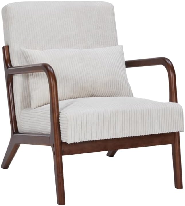 GDFStudio Aogex Upholstered Armchair Corduroy Club Chair Accent Chair Solid Wood Single Sofa Lounge with Armrest Comfort Seating with Lumbar Support for Reading Living Room Home Beige+Walnut