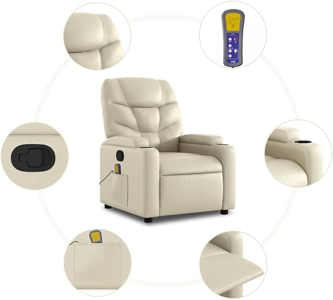 Massage Recliner Chair Cream Faux Leather Metal Plywood Adjustable 135° Backrest Memory Foam Cushion Cup Holders for Living Room Home Theater 242.5 lbs Capacity