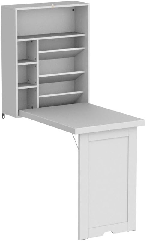 GOFLAME Wall Mounted Folding Desk 3-Tier Tilt Storage Partition With Adjustable Shelves Space-Saving Floating Laptop Desk Convertible Writing Table for Home Office White