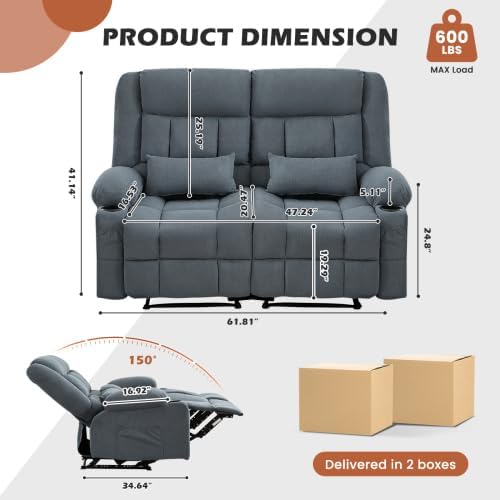 Recliner Loveseat Sofa with Cup Holders 2-Seater Fabric Reclining Couch Manual Recliner Chairs Sofas Wall Hugger for Living Room Small Spaces Home Theater RV Ergonomic Love Seats (Blue - 2 Seats)