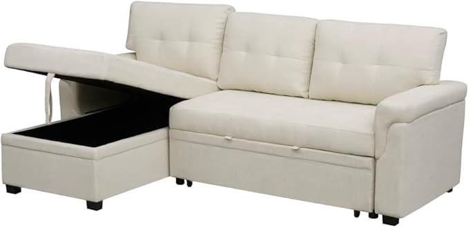 Naomi Home 85 in. Convertible Sofa with Storage Reversible L Shape Sofa Couch with Chaise Comfy Couches for Living Room Cream/Velvet