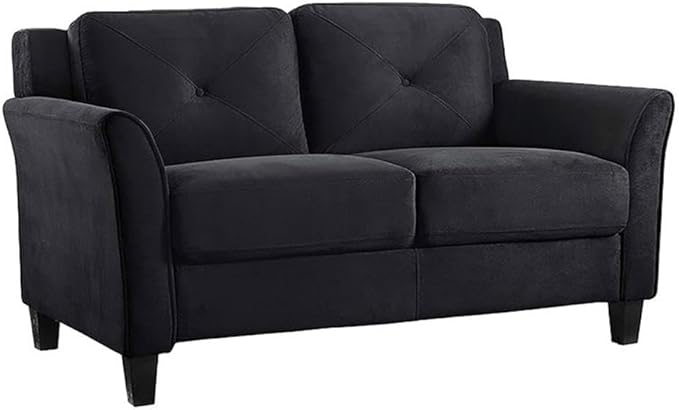 BOWERY HILL Transitional Microfiber Loveseat 56.3 Wide Curved Arms Attached Tufted Cushions Plush Seating Black Finish Solid Wood Frame Compact Living Room or Small Space Furniture