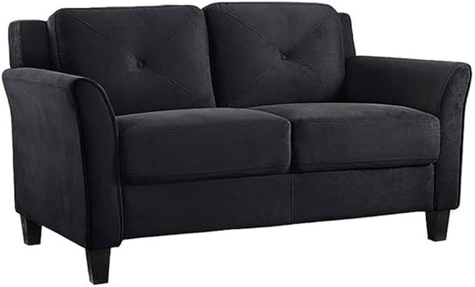 BOWERY HILL Transitional Microfiber Loveseat 56.3 Wide Curved Arms Attached Tufted Cushions Plush Seating Black Finish Solid Wood Frame Compact Living Room or Small Space Furniture