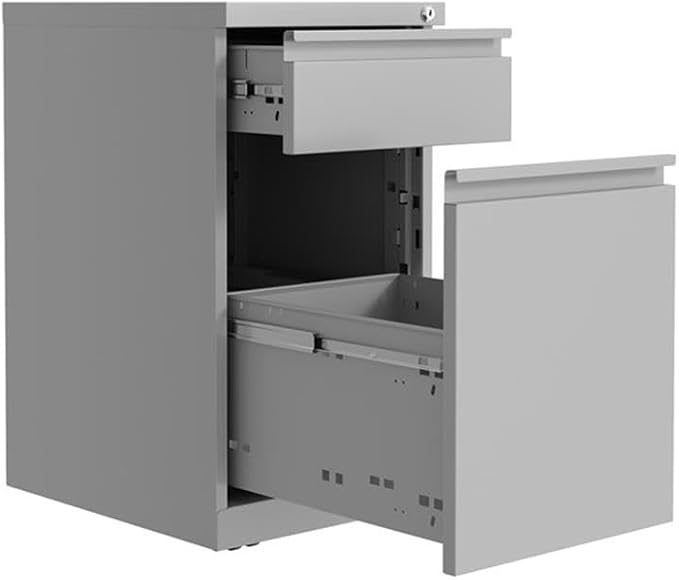 BOWERY HILL Mobile Pedestal File Cabinet 20 D 2-Drawer Steel Construction Arctic Silver Finish Hidden Casters Backpack Drawer for Office or Home Workspace Storage