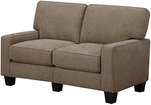 Pemberly Row Traditional Fabric Loveseat 61 Wide Fawn Tan Finish 100% Polyester Upholstery Includes 2 Pillows Flared Arms Memory Foam Cushions Hardwood Frame Compact Cozy Seating for Living