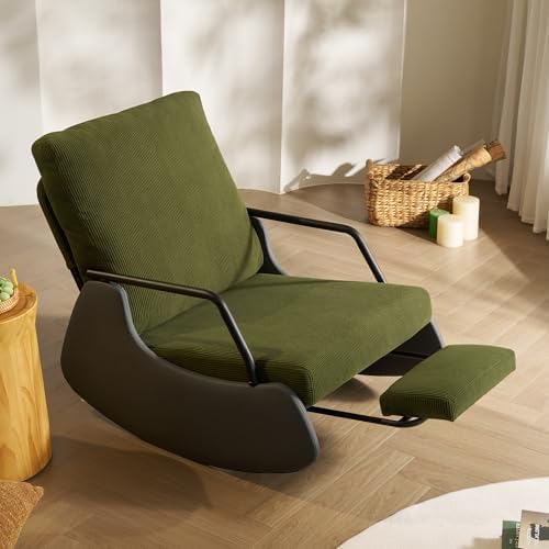 Rocking Recliner Chair for Adults Upholstered Plush Seating Glider Rocker with High Backrest Reading Chair Modern Nursery Accent Sofa Chairs Glider for Living Room (Grey/Green)