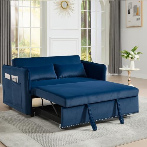 3 in 1 Sofa Bed Convertible Pull Out Couch with Side Pockets Velvet Fabric Loveseat Sleeper Sofa Bed Pull Out Couch with Adjustable Backrest for Living Room Bedroom Apartment Blue