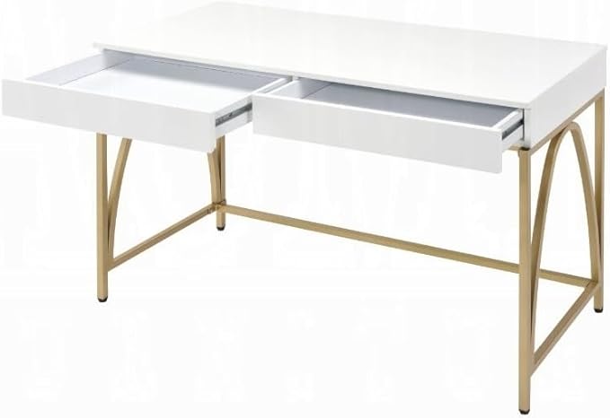 Maykoosh Modern Home Office Desk - White Gloss Top &amp Gold Metal Legs
