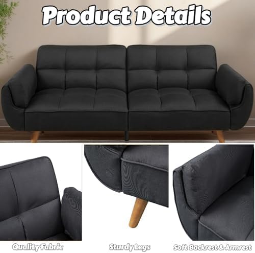Convertible Futon Sofa Bed Modern Futon Couch with 2 Pillows Small Futons Couch with Adjustable Armrest &amp Backrest Loveseat Sofa Bed for Living Room Bedroom Black