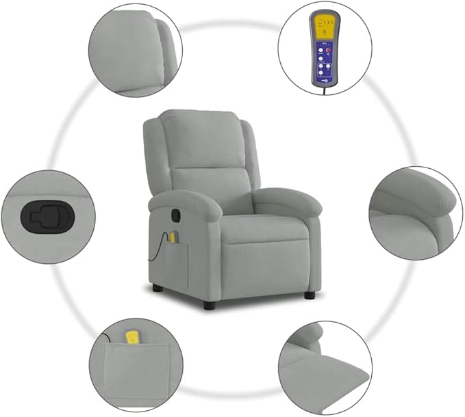 vidaXL Light Gray Velvet Massage Recliner Chair - Manual Reclining Armchair with Vibration Function for Elderly Home Lounge Seating