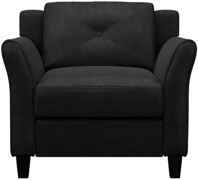 BOWERY HILL Transitional Accent Chair Black Microfiber Upholstery Curved Arms Tufted Back Cushions Solid Wood Frame and Legs 33.9 W x 31.5 D x 32.7 H Stylish Living Room or Lounge Seating