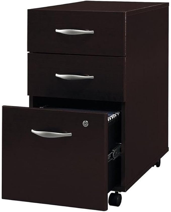 BOWERY HILL 3 Drawer Mobile Pedestal Mocha Cherry Finish Rolling Filing Cabinet with Locking File and Box Drawers Fits Under Desk Legal/A4 File Storage for Office Organization