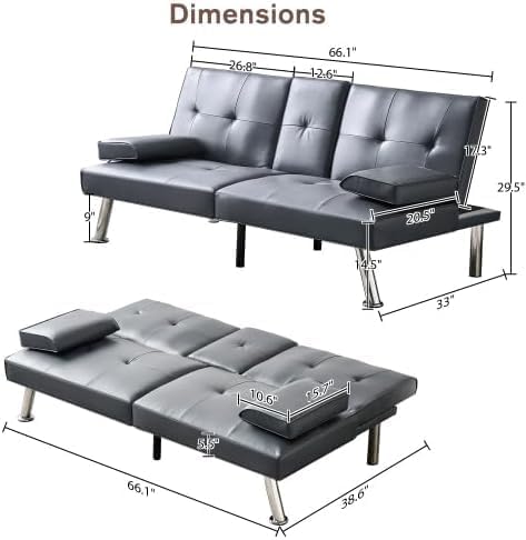 Convertible Folding Futon Sofa Bed Sleeper Couch for Living Room Modern Faux Leather Upholstered Loveseat w/Removable Armrests Metal Legs 2 CupHolders Love Seat Sofa Bed for Small Spaces (Gray)