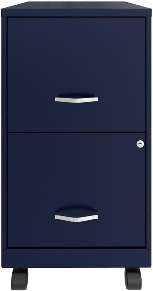 Pemberly Row 18 2-Drawer Mobile Metal Filing Cabinet Navy Finish Painted Steel Lockable High-Side Drawers Smooth Glide Wheels Compact Vertical Design for Home or Office Organization