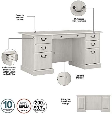 Scranton &amp Co Traditional Executive Desk Wood Construction Linen White Oak Finish 66W x 30D Lockable Drawers Breakfront Design Sturdy Computer Desk for Home Office or Workspace