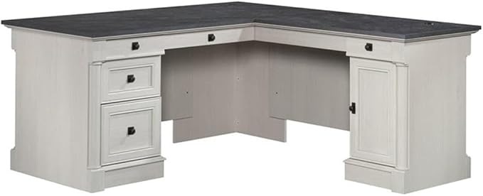 Bowery Hill L-Shaped Engineered Wood Desk Glacier Oak/Rosso Slate Finish 68.74W x 65.11D x 29.60H Multiple Drawers File Storage Adjustable Shelf Grommet Holes Home Office Computer Workspace