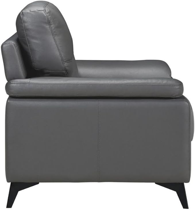 Pemberly Row Leather Upholstered Accent Chair 35 H x 43.75 W x 36 D Dark Gray Top Grain Leather Black Metal Legs Plush Foam Cushions Modern Design Living Room Seating