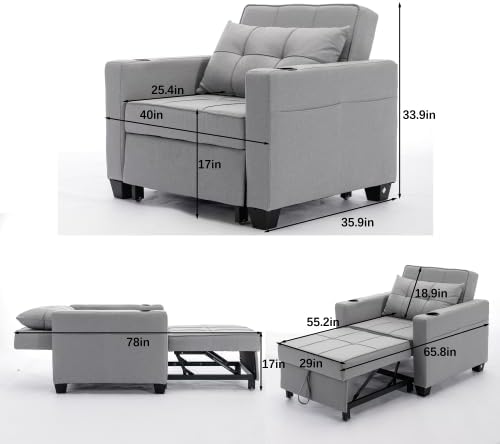 3-in-1 Convertible Sofa Bed with Adjustable Backrest &amp 2 Cupholders - Modern Sleeper Chair for Living Room/Office/Small Apartment (Light Gray)
