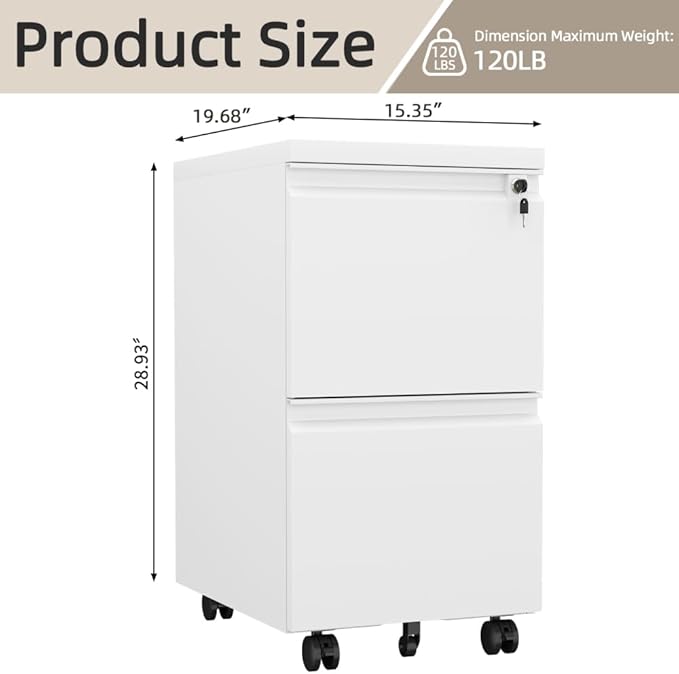 Heavy-Duty Steel Office File Cabinet with Locking Drawers Mobile Vertical Storage Unit for Legal Letter and A4 Documents (2 Drawer White)