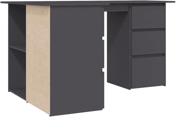 L-Shaped Writing Desk Corner Computer Desk with Drawer and Shelves 57.1in Study Table Workstation for Home Office Multipurpose PC Laptop Table Work Table Office Desk (Gray)