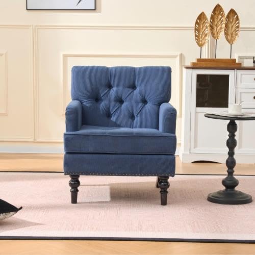 Tufted Club Chair Accent Chair with Lumbar Pillow Upholstered Button Armchair Linen Fabric Sofa Chairs for Bedroom Living Room Mid Century Modern with Studded Reading Chair Blue