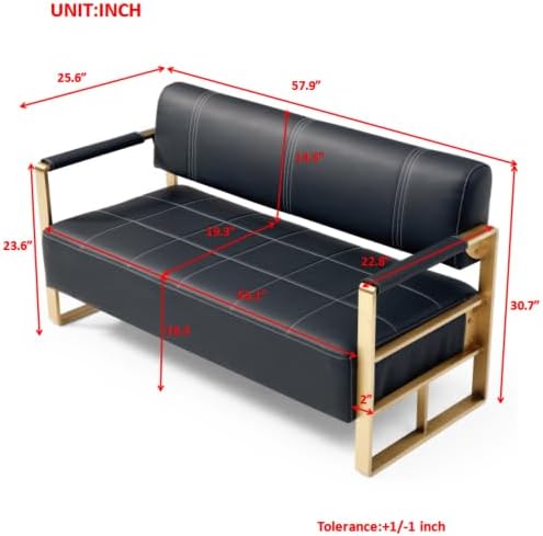Modern Faux Bonded Leather Loveseat Sofa with Golden Metal Arms 2 Seater Sofa Couch Small Love Seats for Office Apartment Living Room (Black)