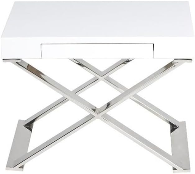 Pemberly Row Modern Side Table High Gloss Lacquer Finish High Polished Steel Metal Legs White 16 H x 21 W x 16 D Pull-Out Drawer Multifunctional End Table or Nightstand