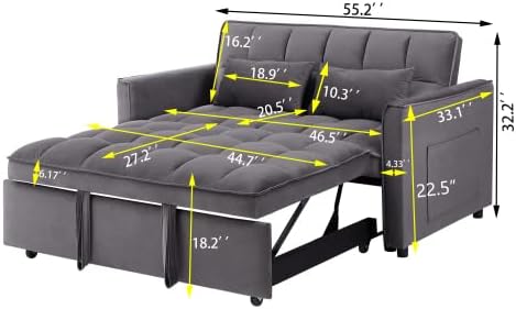KEIKI 54.33 Pull-Out Sofa Couch Bed 2 in 1 Convertible Velvet Sleeper Sofa with Adjustable Back for Apartment Living Room Antique Gray