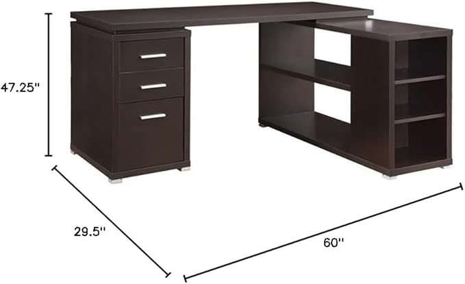 Scranton &amp Co L-Shaped Wood Writing Desk Cappuccino Finish 60 W x 47.25 D x 29.5 H MDF and Laminate 3 Drawers Shelves Reversible Setup Contemporary Home Office Desk with Storage