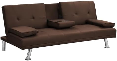 Convertible Folding Futon Sofa Bed with Metal Legs &amp 2 Cupholders Modern New Upholstered Couch Loveseat Sleeper Folding Couches Bed Removable Armrests for Small Spaces (Brown)