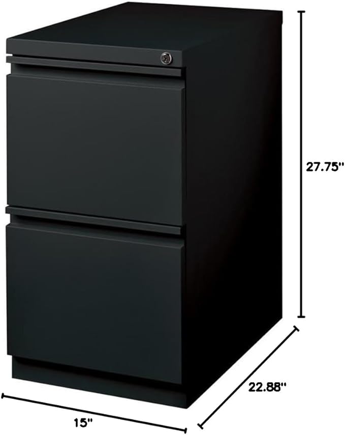 Pemberly Row Mobile Pedestal Filing Cabinet 27.75 H x 15 W x 22.88 D Metal Construction Black Finish 2 File Drawers Ball-Bearing Suspension Hidden Casters Secure Lock for Office Storage