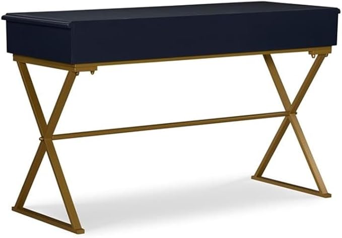 Pemberly Row Writing Desk 47.5 W x 19.5 D x 29.25 H MDF and Metal Blue Top with Gold Criss Cross Legs 2 Drawer Storage Modern Style for Office or Workspace