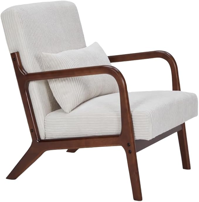GDFStudio Aogex Upholstered Armchair Corduroy Club Chair Accent Chair Solid Wood Single Sofa Lounge with Armrest Comfort Seating with Lumbar Support for Reading Living Room Home Beige+Walnut