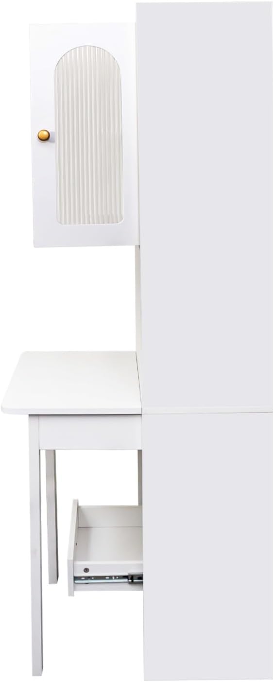 KEIKI Fold-Out Home Office Desks Writing Table with Glass Doors Drawers Bookshelf &amp Storage Shelves Modern Wooden Convertible Workstation for Work Study
