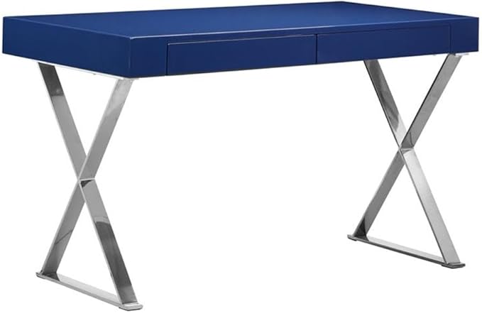 Pemberly Row Modern Writing Desk Glossy Navy Lacquer Finish High Polished Steel X-Legs 30 H x 24 W x 47 D Rectangular Design 2 Drawers Fully Assembled Top Home Office Desk