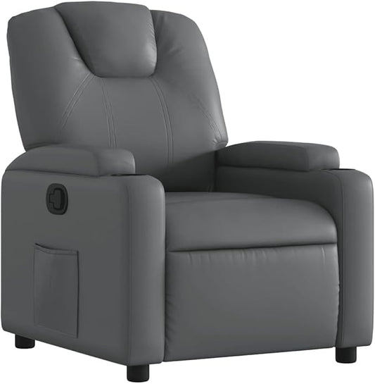 vidaXL Gray Faux Leather Recliner Chair with Manual Recline Cup Holders and Side Pocket for Living Room Bedroom Comfort