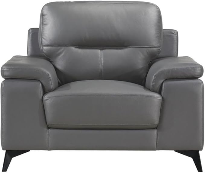 Pemberly Row Leather Upholstered Accent Chair 35 H x 43.75 W x 36 D Dark Gray Top Grain Leather Black Metal Legs Plush Foam Cushions Modern Design Living Room Seating