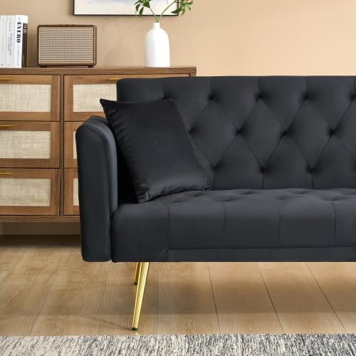 71 Convertible Folding Sleeper Sofa CouchModern Velvet Loveseat Sleeper with 2 Pillows Futon Sofa Bed with Mattress and Frame for Living RoomBedroomSmall Space (Black)