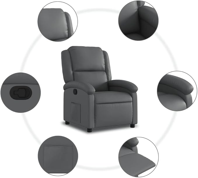 vidaXL Modern Recliner Chair in Gray Faux Leather with Adjustable Footrests and Side Pocket for Living Room Bedroom Office Use Chairs Reclining Armchair Elderly TV Sofa Push