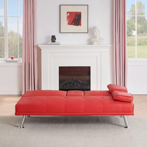 Modern Futon Sofa Bed 67 Inch Leather Convertible Futon Couch Loveseat Sleeper for Small SpacesComfy Folding Recliner Couches for Living Room Adjustable Backrest2 Cup HoldersMetal Legs (RED)