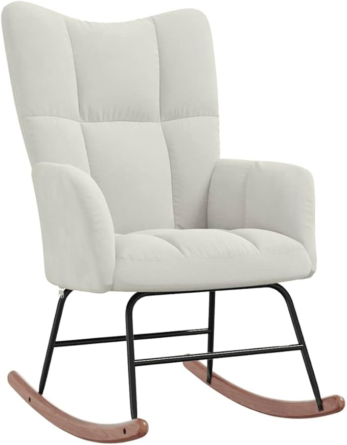vidaXL Cream White Velvet Rocking Chair and Stool Set with Soft Padding Steel Frame and Wooden Rocking Rails
