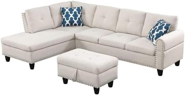 Sophisticated Simplicity Sectional Sofa with Ottoman Living Room Set Left Facing Chaise 2 Cup Holders 2 Throw Pillows Tufted Back and Seat - 99.5 D x 67 W x 32 H Beige