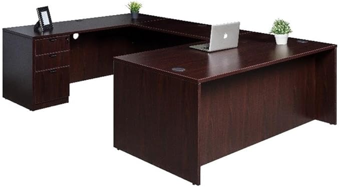 Boss Office Products Holland 66 Executive U-Shape Desk with File Storage Pedestal Mahogany