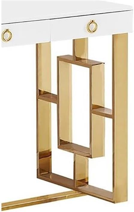 Best Master Furniture Barento 47 White Gloss Rectangular Computer Desk with 3 Drawers and Ring Handles Stainless Steel Sled Base Contemporary Office Desk for Home Study or Workspace (Gold)