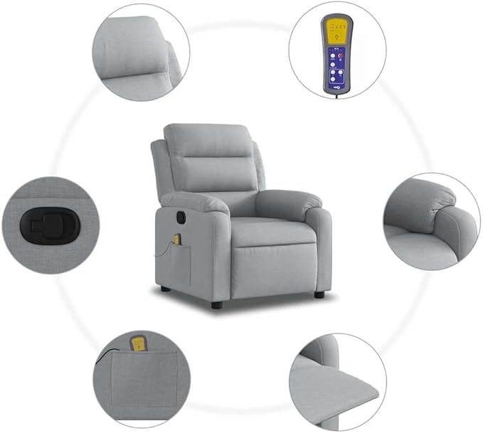 vidaXL Light Gray Fabric Massage Recliner Chair with Side Pocket and Manual Adjustability for Living Room Comfort