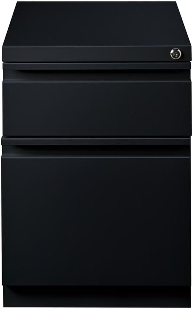 Pemberly Row Mobile Pedestal Filing Cabinet 2-Drawer Box/File 20 D Metal Construction Black Finish Hidden Casters Lockable Full Extension Drawers Fits Under Work Surface Office Storage