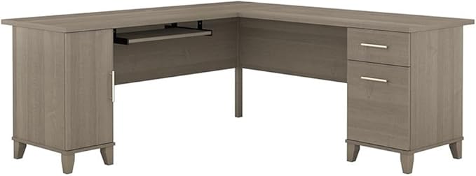 BOWERY HILL 72W L Shaped Desk Ash Gray Engineered Wood Pullout Keyboard Tray Storage Cabinet with Adjustable Shelf File Drawer Contemporary Home Office Desk Indoor Use Office Workstation