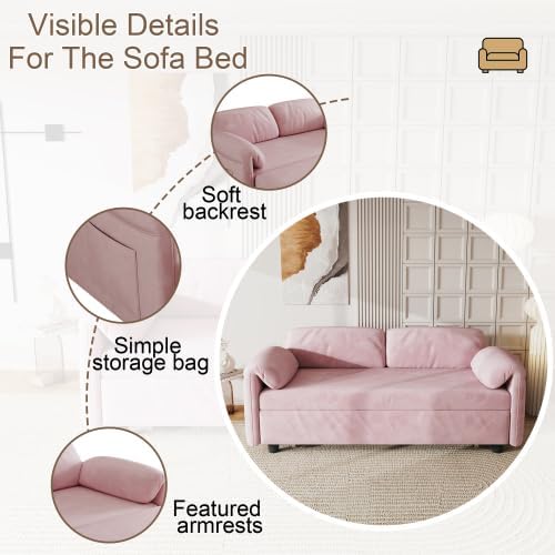 54'' Corduroy 3-in-1 Convertible Sofa Bed Pull Out Sleeper Loveseat Couch with USB Ports &amp Storage Pockets Futon Couches for Small Space Living Room Apartment (Pink)