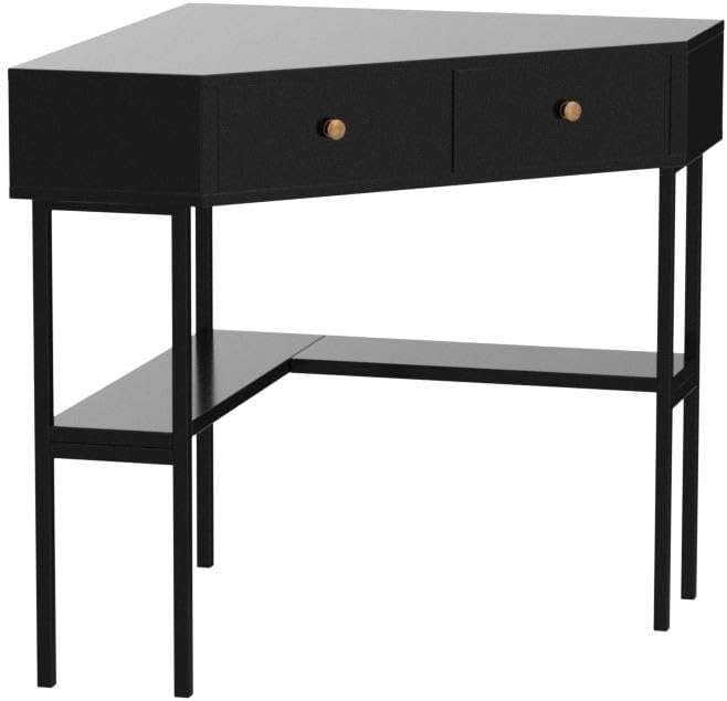 Tangkula Corner Desk with 2 Drawers &amp Built-in Charging Station 90 Degrees Triangle Computer Desk for Small Space Bedroom Makeup Vanity Desk with Storage Shelves Corner Writing Desk